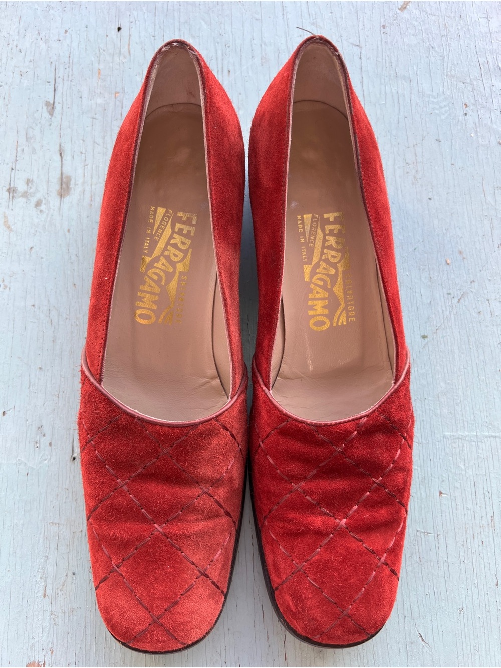 Salvatore Ferragamo Red Quilted Suede Pumps